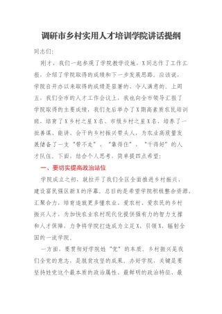 调研市乡村实用人才培训学院讲话提纲