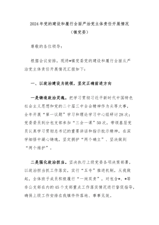 2024年党的建设和履行全面严治党主体责任开展情况（镇党委）