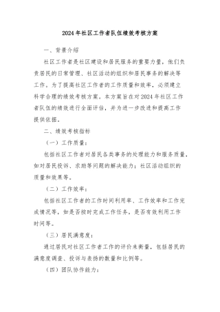 2024年社区工作者队伍绩效考核方案