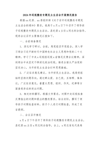 2024年巡视整改专题民主生活会开展情况报告