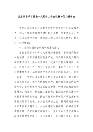 基层领导学习贯彻中央经济工作会议精神的心得体会