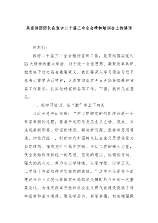 某宣讲团团长在宣讲二十届三中全会精神培训会上的讲话