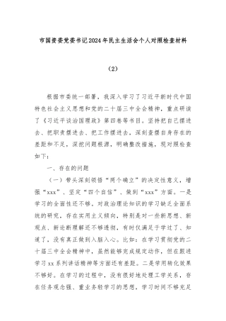 市国资委党委书记2024年民主生活会个人对照检查材料（2）