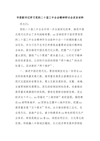 市委副书记学习党的二十届三中全会精神研讨会发言材料