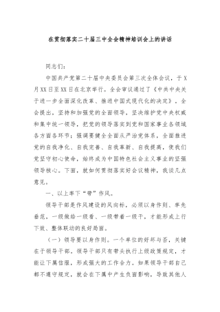 在贯彻落实二十届三中全会精神培训会上的讲话