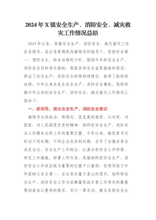 2024年X镇安全生产、消防安全、减灾救灾工作情况总结
