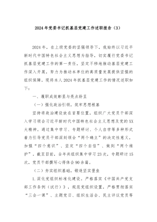 2024年党委书记抓基层党建工作述职报告（3）