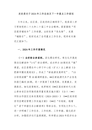 发改委关于2024年工作总结及下一年重点工作谋划