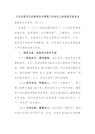 公司纪委书记在集团安全管理工作会议上的深度交流发言