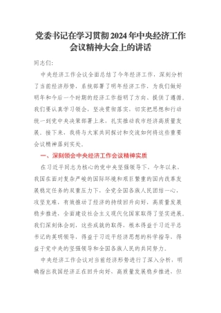 党委书记在学习贯彻2024年中央经济工作会议精神大会上的讲话
