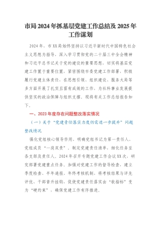市局2024年抓基层党建工作总结及2025年工作谋划
