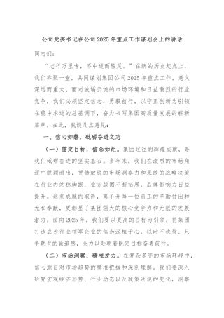公司党委书记在公司2025年重点工作谋划会上的讲话