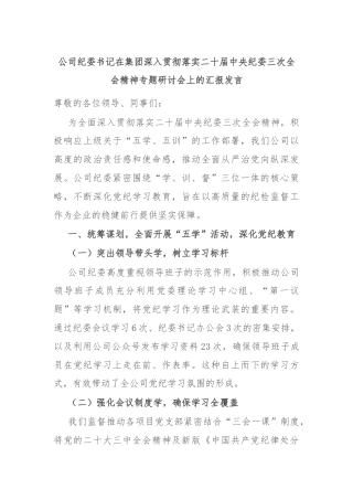 公司纪委书记在集团深入贯彻落实二十届中央纪委三次全会精神专题研讨会上的汇报发言