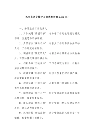 (52条)民主生活会批评与自我批评意见