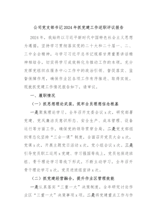 公司党支部书记2024年抓党建工作述职评议报告