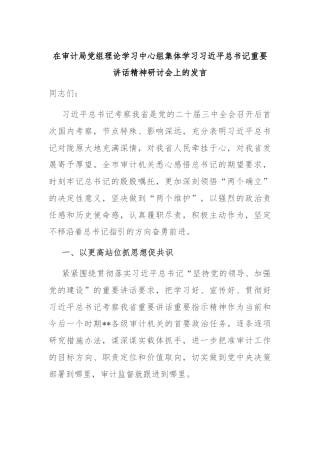 在审计局党组理论学习中心组集体学习习近平总书记重要讲话精神研讨会上的发言