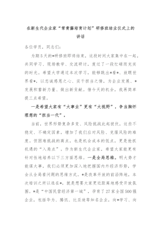 在新生代企业家“常青藤培育计划”研修班结业仪式上的讲话