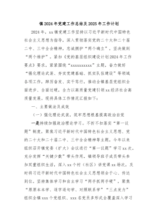 镇2024年党建工作总结及2025年工作计划