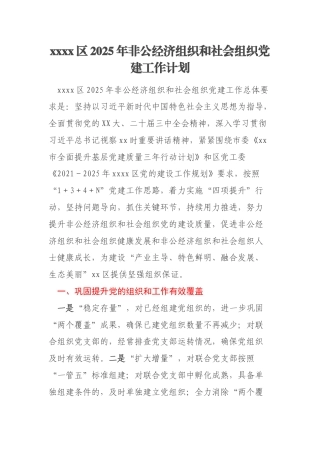 xxxx区2025年非公经济组织和社会组织党建工作计划