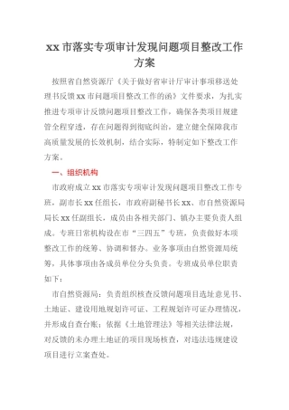 xx市落实专项审计发现问题项目整改工作方案