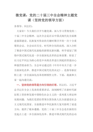 微党课：党的二十届三中全会精神主题党课（坚持党的领导方面）