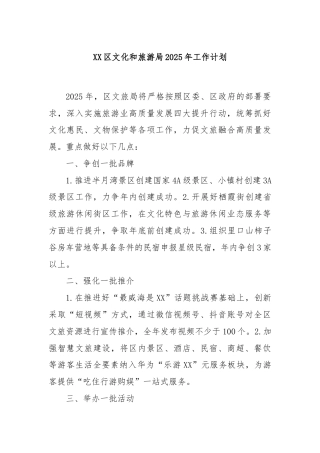XX区文化和旅游局2025年工作计划