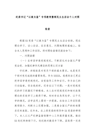 纪委书记“以案为鉴”专项教育整顿民主生活会个人对照检查
