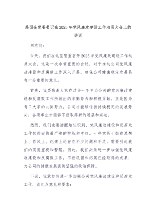 某国企党委书记在2025年党风廉政建设工作动员大会上的讲话