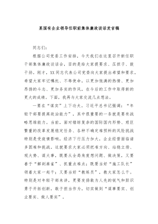 某国有企业领导任职前集体廉政谈话发言稿