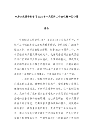 市府办党员干部学习2024年中央经济工作会议精神的心得体会