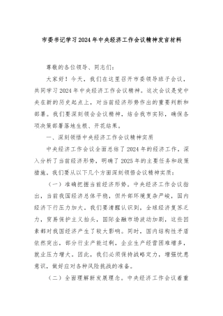 市委书记学习2024年中央经济工作会议精神发言材料