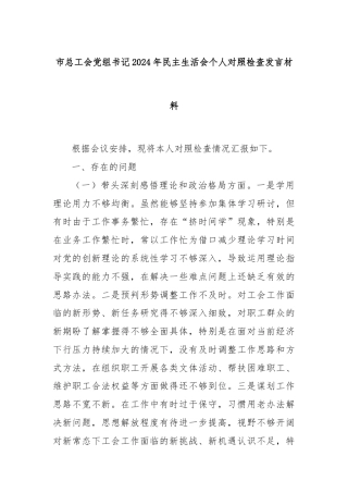 市总工会党组书记2024年民主生活会个人对照检查发言材料