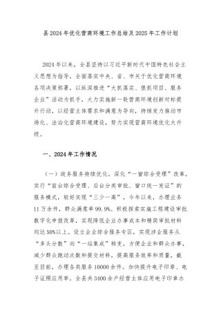 县2024年优化营商环境工作总结及2025年工作计划