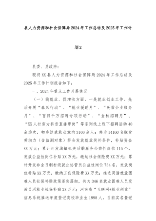 县人力资源和社会保障局2024年工作总结及2025年工作计划2
