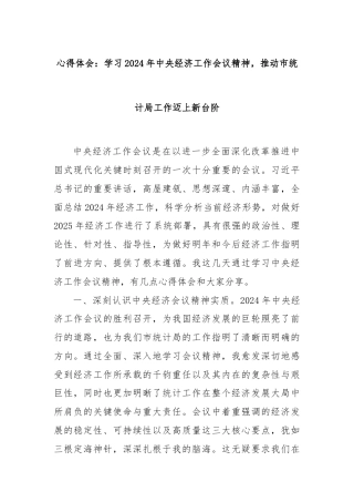 心得体会：学习2024年中央经济工作会议精神，推动市统计局工作迈上新台阶