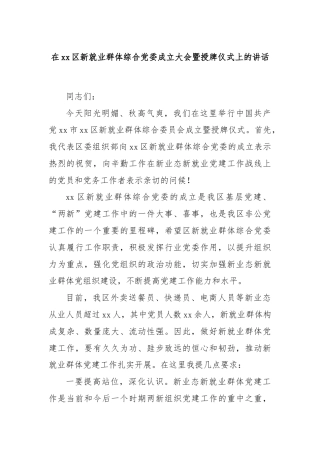 在xx区新就业群体综合党委成立大会暨授牌仪式上的讲话