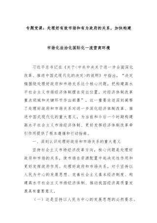 专题党课：处理好有效市场和有为政府的关系，加快构建市场化法治化国际化一流营商环境