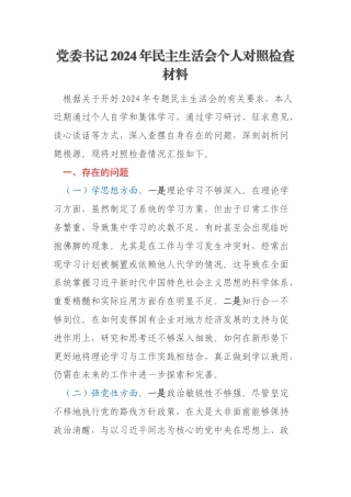 党委书记2024年民主生活会个人对照检查材料