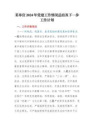 某单位2024年党建工作情况总结及下一步工作计划