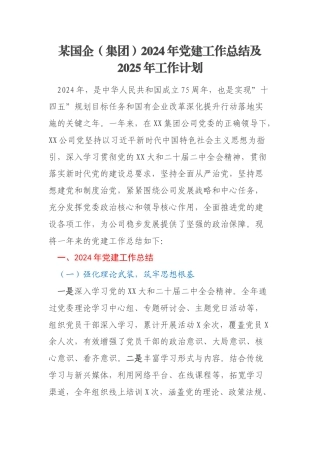 某国企（集团）2024年党建工作总结及2025年工作计划