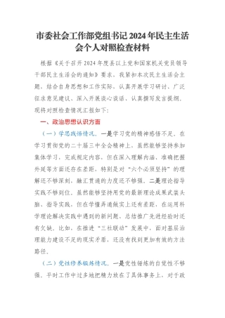 市委社会工作部党组书记2024年民主生活会个人对照检查材料