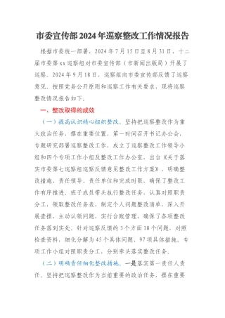 市委宣传部2024年巡察整改工作情况报告
