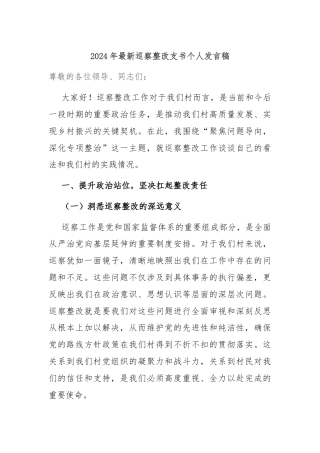 2024年最新巡察整改支书个人发言稿