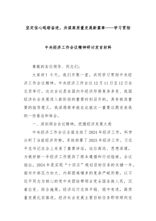 坚定信心砥砺奋进，共谋高质量发展新篇章——学习贯彻中央经济工作会议精神研讨发言材料