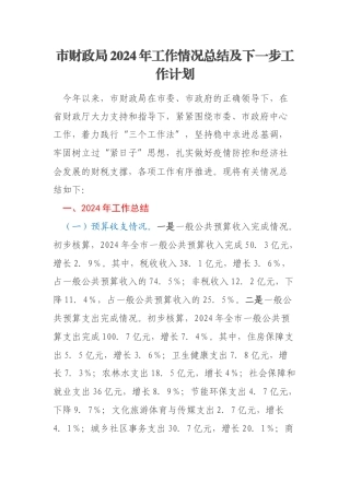 市财政局2024年工作情况总结及下一步工作计划