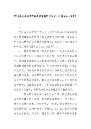 (3篇)2024年中央经济工作会议精神研讨发言、心得体会