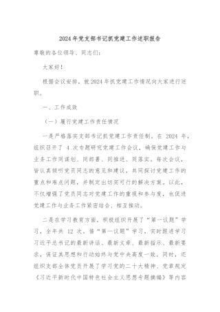 2024年党支部书记抓党建工作述职报告