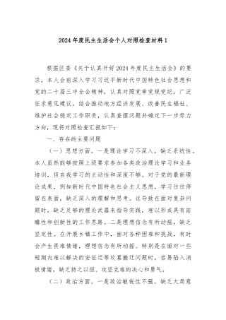 2024年度民主生活会个人对照检查材料1