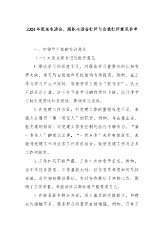 2024年民主生活会、组织生活会批评与自我批评意见参考