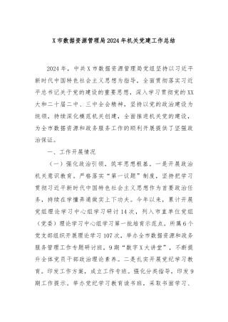 X市数据资源管理局2024年机关党建工作总结